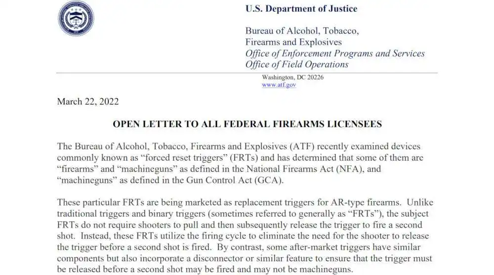 ATF open letter addressing the federal classification of certain forced reset triggers under U.S. firearms law