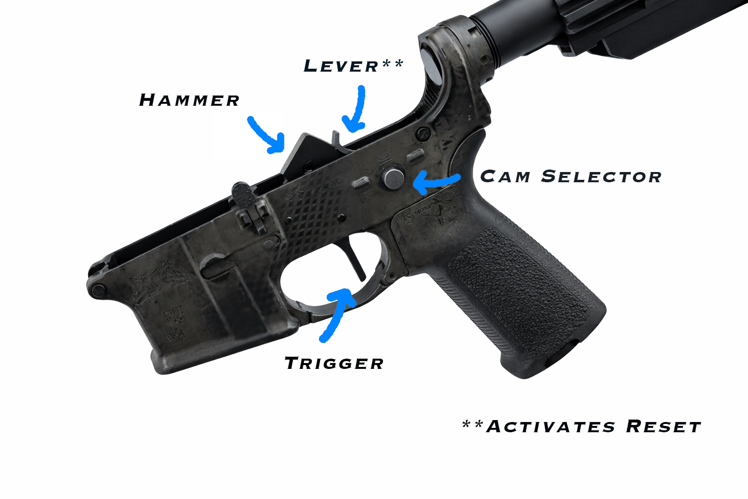 Cutaway diagram of a forced reset trigger showing the trigger reset forward and the hammer retained, ready for the next separate trigger pull