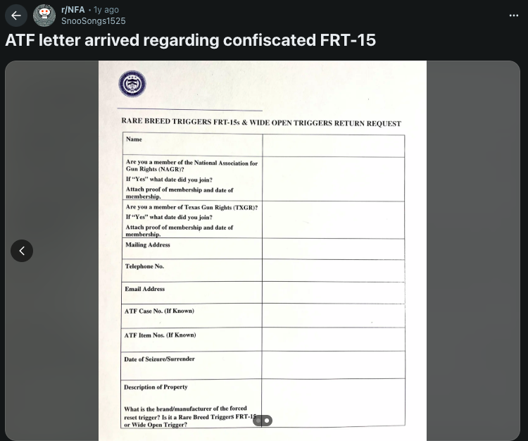 Screenshot of an online forum post showing an ATF letter and accompanying ATF form related to forced reset trigger enforcement